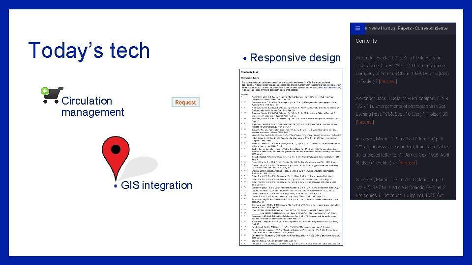 Today’s tech • Circulation management • GIS integration • Responsive design 