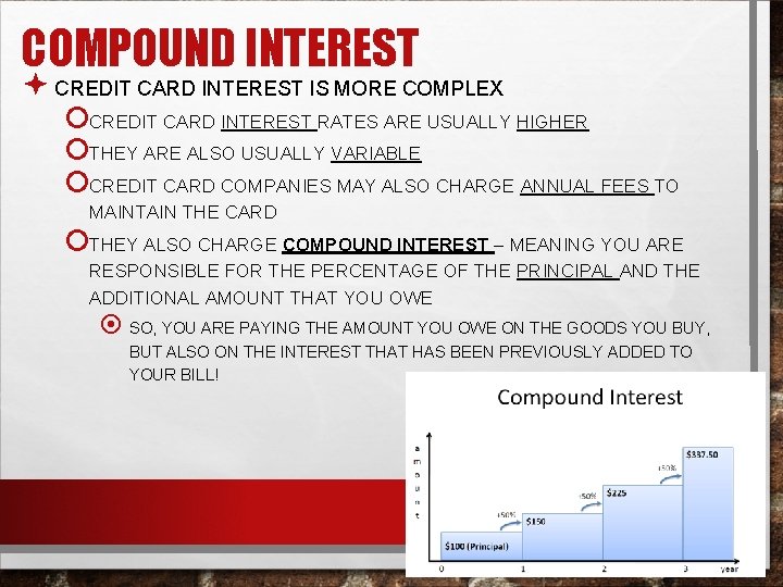 COMPOUND INTEREST ª CREDIT CARD INTEREST IS MORE COMPLEX ¡CREDIT CARD INTEREST RATES ARE