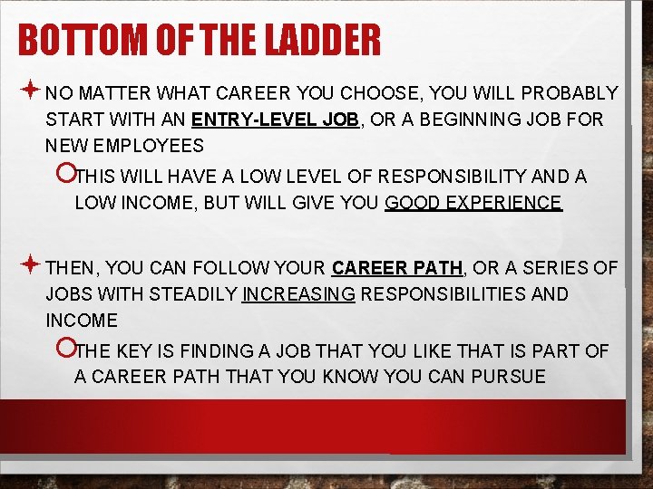 BOTTOM OF THE LADDER ª NO MATTER WHAT CAREER YOU CHOOSE, YOU WILL PROBABLY