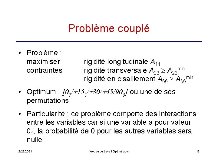 Problème couplé • Problème : maximiser contraintes rigidité longitudinale A 11 rigidité transversale A