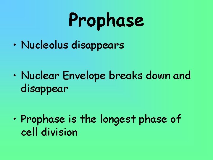 Prophase • Nucleolus disappears • Nuclear Envelope breaks down and disappear • Prophase is