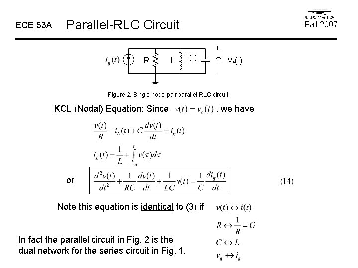ECE 53 A Parallel-RLC Circuit Fall 2007 + R L i. L(t) C Vc(t) ECE 53 A Parallel-RLC Circuit Fall 2007 + R L i. L(t) C Vc(t)