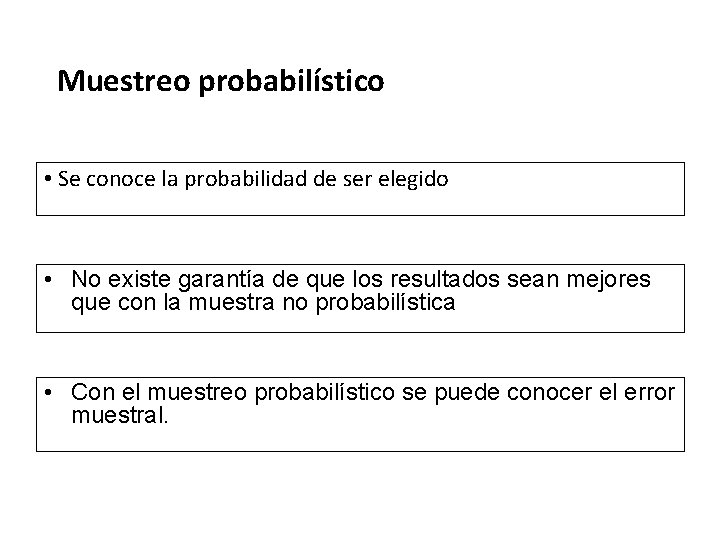 Muestreo probabilístico • Se conoce la probabilidad de ser elegido • No existe garantía