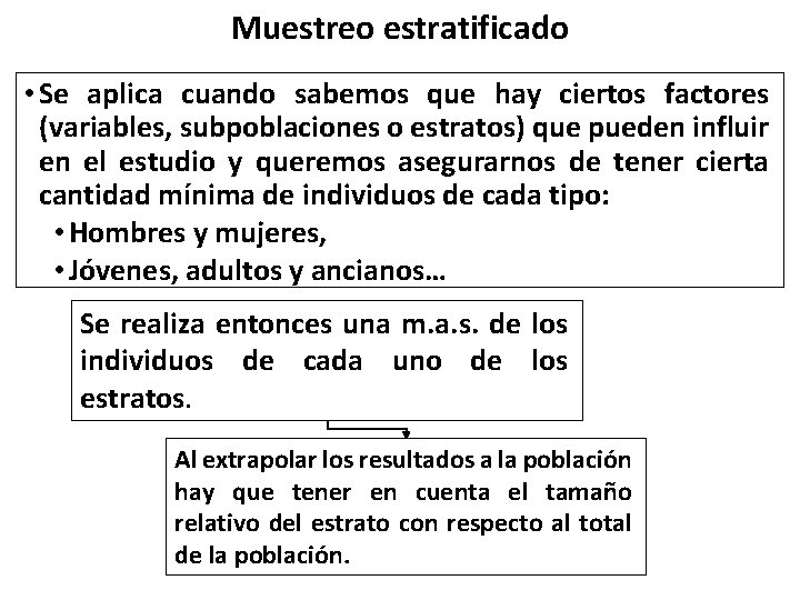 Muestreo estratificado • Se aplica cuando sabemos que hay ciertos factores (variables, subpoblaciones o