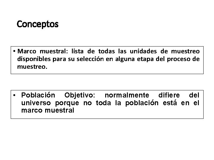 Conceptos • Marco muestral: lista de todas las unidades de muestreo disponibles para su