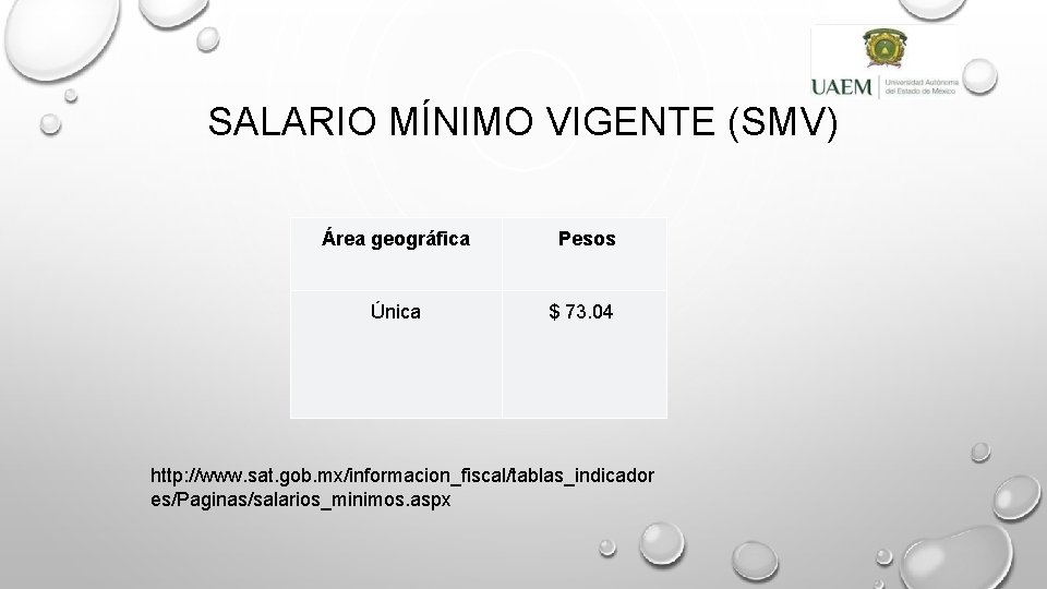 SALARIO MÍNIMO VIGENTE (SMV) Área geográfica Pesos Única $ 73. 04 http: //www. sat.