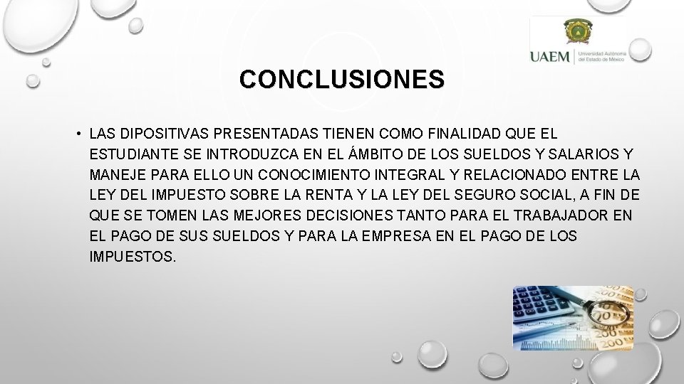 CONCLUSIONES • LAS DIPOSITIVAS PRESENTADAS TIENEN COMO FINALIDAD QUE EL ESTUDIANTE SE INTRODUZCA EN