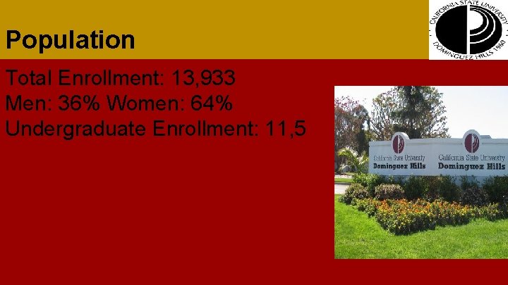 Population Total Enrollment: 13, 933 Men: 36% Women: 64% Undergraduate Enrollment: 11, 5 