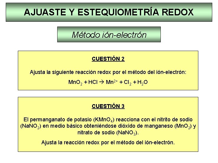 AJUASTE Y ESTEQUIOMETRÍA REDOX Método ión-electrón CUESTIÓN 2 Ajusta la siguiente reacción redox por