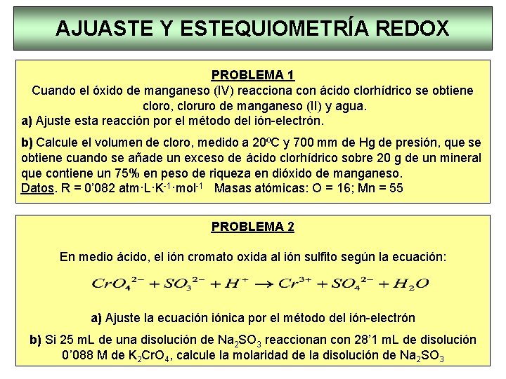 AJUASTE Y ESTEQUIOMETRÍA REDOX PROBLEMA 1 Cuando el óxido de manganeso (IV) reacciona con