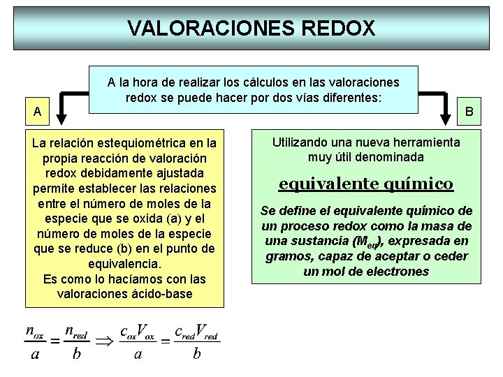 VALORACIONES REDOX A la hora de realizar los cálculos en las valoraciones redox se