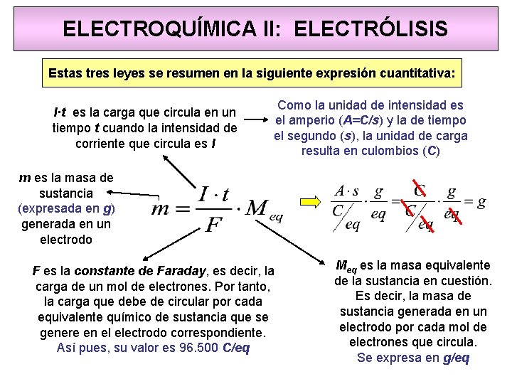 ELECTROQUÍMICA II: ELECTRÓLISIS Estas tres leyes se resumen en la siguiente expresión cuantitativa: I·t