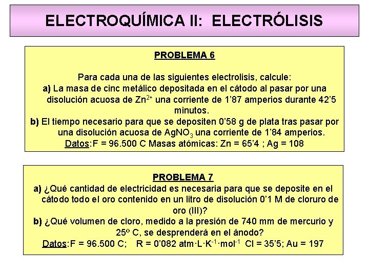ELECTROQUÍMICA II: ELECTRÓLISIS PROBLEMA 6 Para cada una de las siguientes electrolisis, calcule: a)