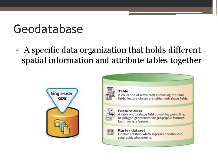 Geodatabase • A specific data organization that holds different spatial information and attribute tables