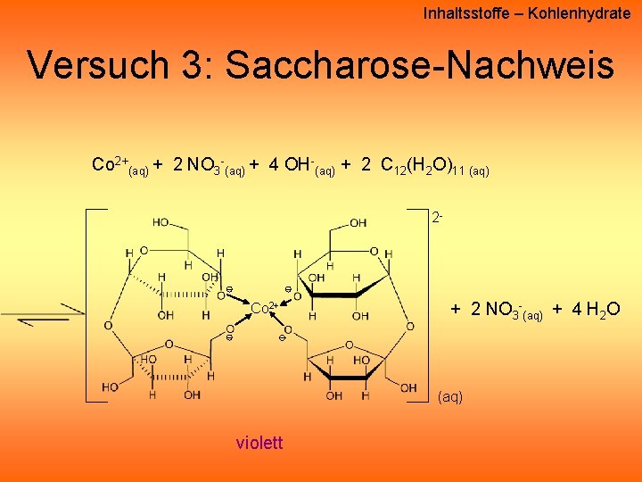 Inhaltsstoffe – Kohlenhydrate Versuch 3: Saccharose-Nachweis Co 2+(aq) + 2 NO 3 -(aq) + Inhaltsstoffe – Kohlenhydrate Versuch 3: Saccharose-Nachweis Co 2+(aq) + 2 NO 3 -(aq) +