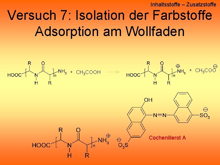 Inhaltsstoffe – Zusatzstoffe Versuch 7: Isolation der Farbstoffe Adsorption am Wollfaden + CH 3 Inhaltsstoffe – Zusatzstoffe Versuch 7: Isolation der Farbstoffe Adsorption am Wollfaden + CH 3
