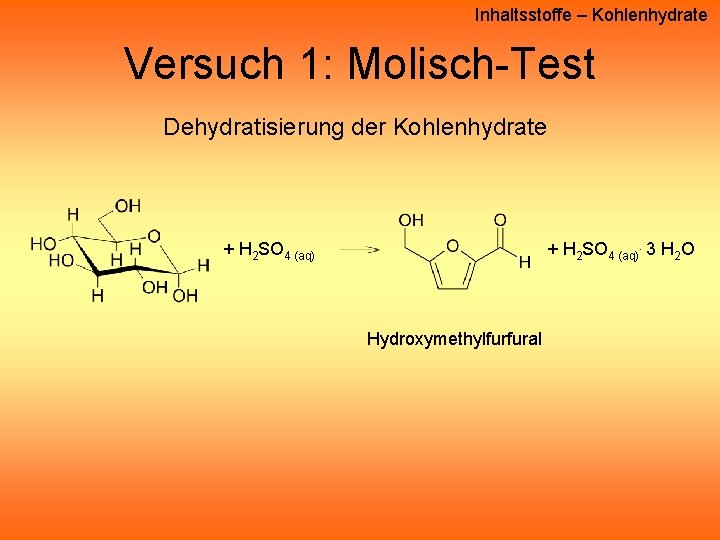 Inhaltsstoffe – Kohlenhydrate Versuch 1: Molisch-Test Dehydratisierung der Kohlenhydrate + H 2 SO 4 Inhaltsstoffe – Kohlenhydrate Versuch 1: Molisch-Test Dehydratisierung der Kohlenhydrate + H 2 SO 4