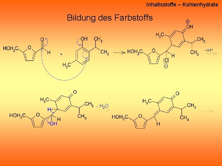 Inhaltsstoffe – Kohlenhydrate Bildung des Farbstoffs ~H+ + - H 2 O Inhaltsstoffe – Kohlenhydrate Bildung des Farbstoffs ~H+ + - H 2 O