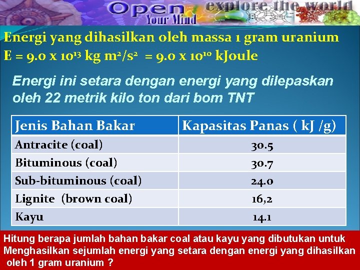 Energi yang dihasilkan oleh massa 1 gram uranium E = 9. 0 x 1013 Energi yang dihasilkan oleh massa 1 gram uranium E = 9. 0 x 1013