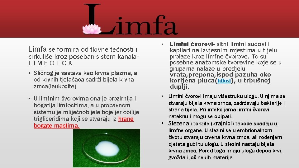 Limfa se formira od tkivne tečnosti i cirkuliše kroz poseban sistem kanala. L I