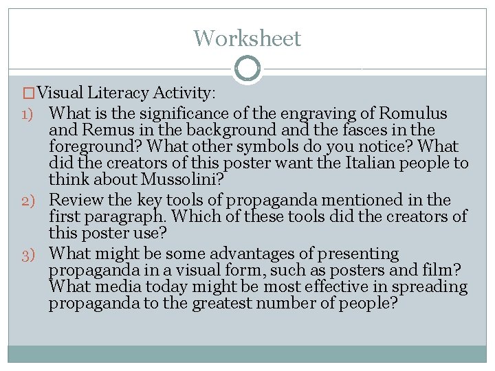 Worksheet �Visual Literacy Activity: 1) What is the significance of the engraving of Romulus