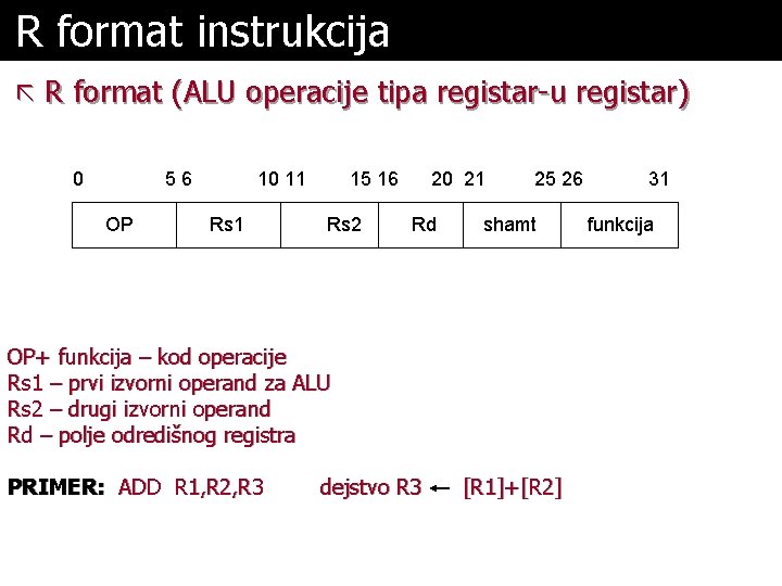 R format instrukcija ã R format (ALU operacije tipa registar-u registar) 0 56 OP