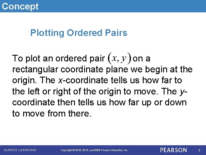 Concept Plotting Ordered Pairs To plot an ordered pair on a rectangular coordinate plane