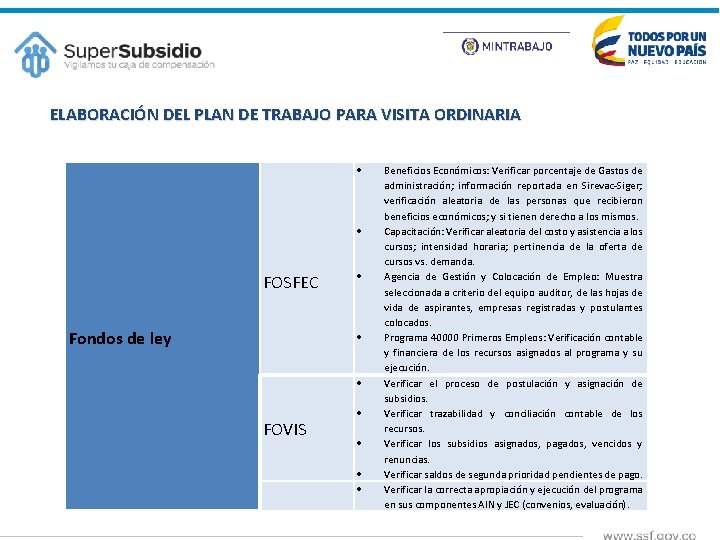 ELABORACIÓN DEL PLAN DE TRABAJO PARA VISITA ORDINARIA FOSFEC Fondos de ley FOVIS Beneficios