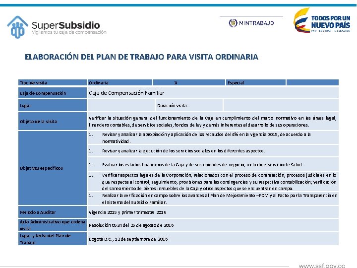 ELABORACIÓN DEL PLAN DE TRABAJO PARA VISITA ORDINARIA Tipo de visita Ordinaria Caja de