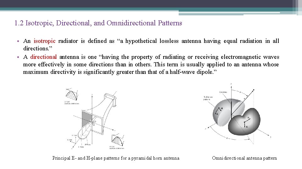 1. 2 Isotropic, Directional, and Omnidirectional Patterns • An isotropic radiator is defined as