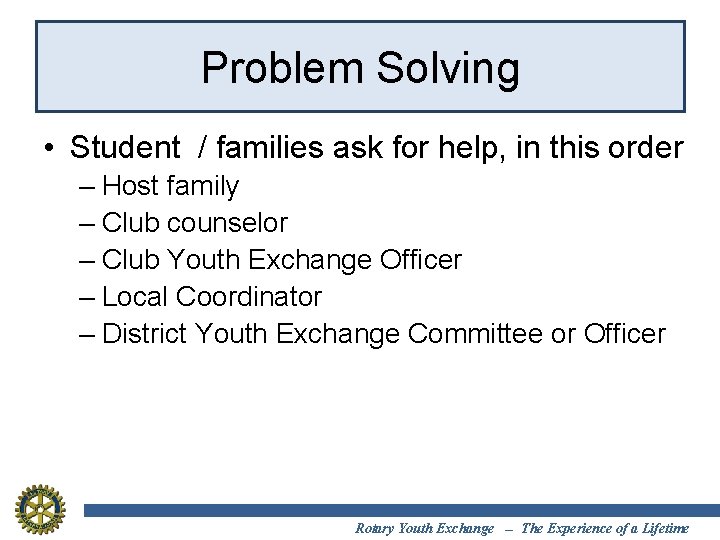 Problem Solving • Student / families ask for help, in this order – Host