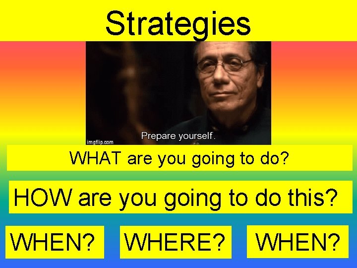Strategies WHAT are you going to do? HOW are you going to do this?