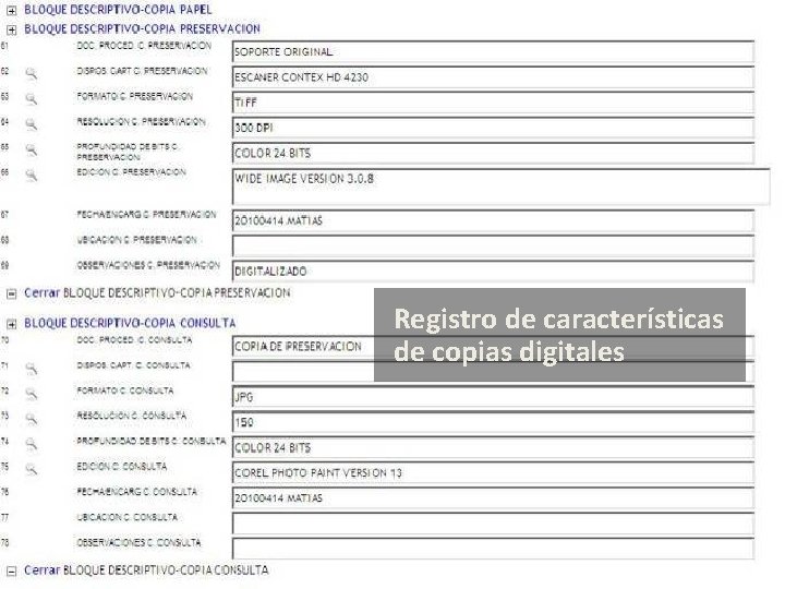 Registro de características de copias digitales 