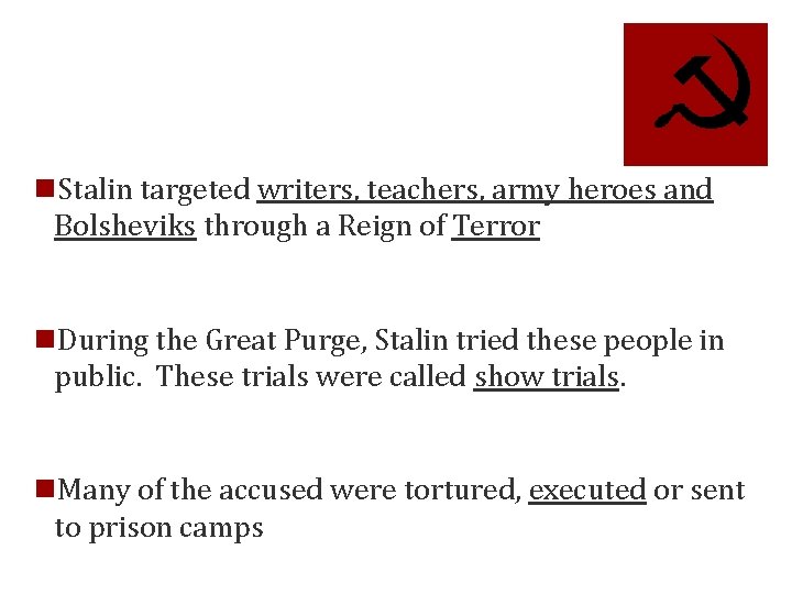 n. Stalin targeted writers, teachers, army heroes and Bolsheviks through a Reign of Terror