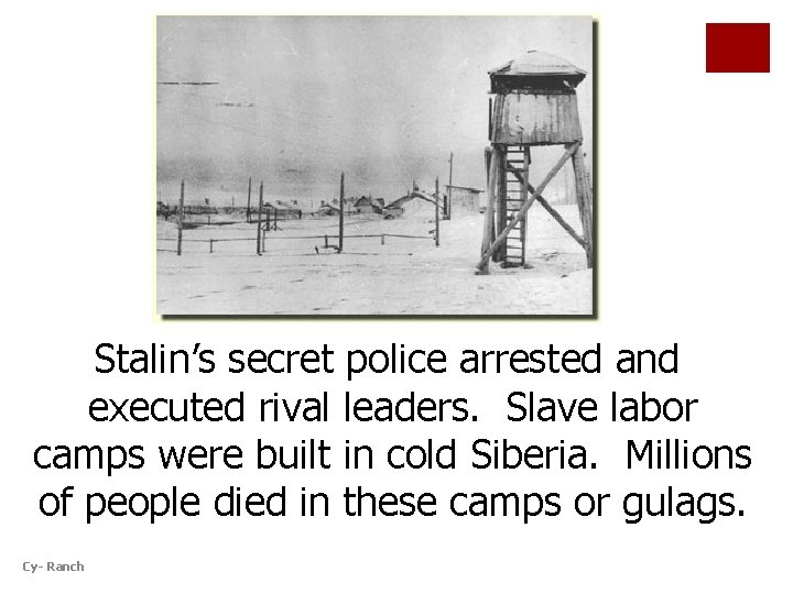 Stalin’s secret police arrested and executed rival leaders. Slave labor camps were built in
