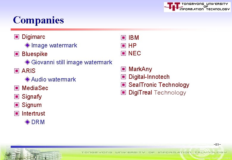 Companies ▣ Digimarc ◈ Image watermark ▣ Bluespike ◈ Giovanni still image watermark ▣