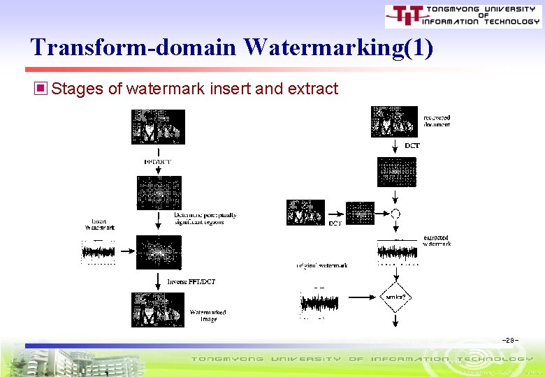 Transform-domain Watermarking(1) ▣ Stages of watermark insert and extract -28 - 