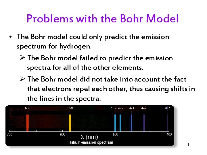 Problems with the Bohr Model • The Bohr model could only predict the emission