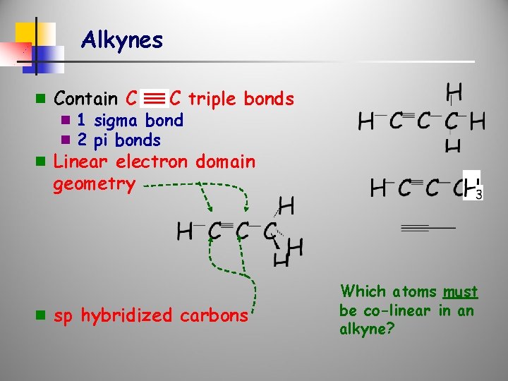 Alkynes n Contain C C triple bonds n 1 sigma bond n 2 pi