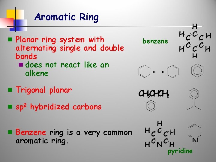 Aromatic Ring n Planar ring system with alternating single and double bonds n does