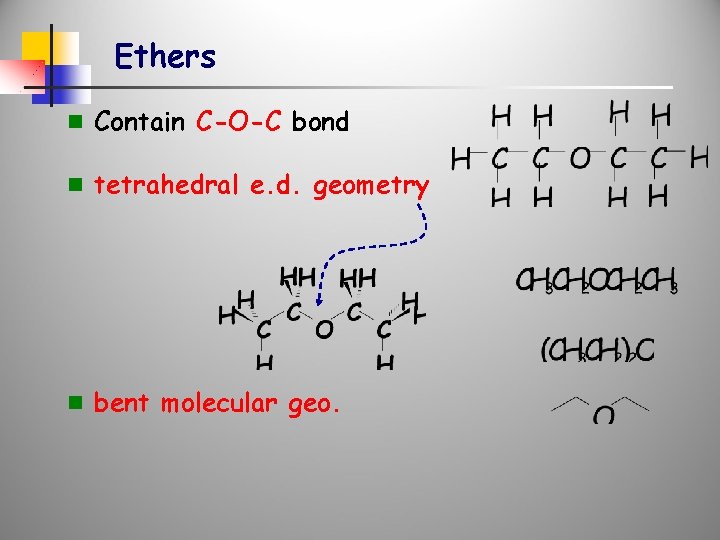 Ethers n Contain C-O-C bond n tetrahedral e. d. geometry n bent molecular geo.