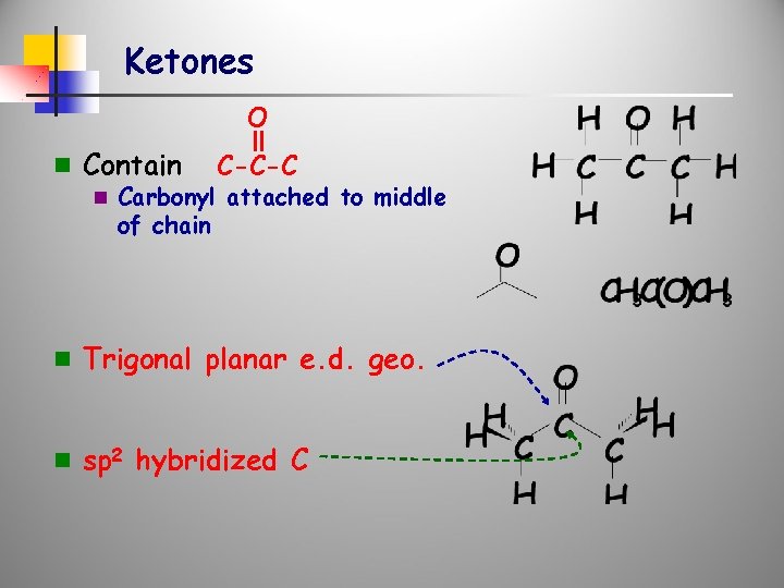 Ketones O n Contain C-C-C n Carbonyl attached to middle of chain n Trigonal