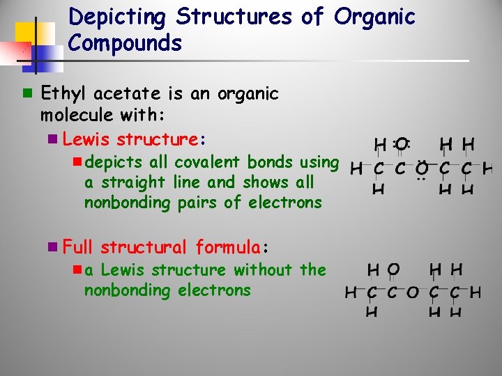 Depicting Structures of Organic Compounds n Ethyl acetate is an organic molecule with: n