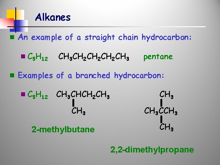 Alkanes n An example of a straight chain hydrocarbon: n C 5 H 12