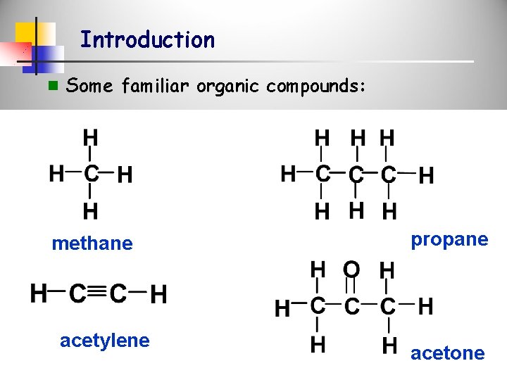 Introduction n Some familiar organic compounds: methane acetylene propane acetone 