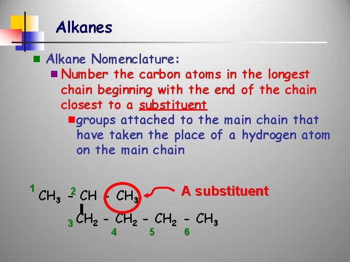 Alkanes n Alkane Nomenclature: n Number the carbon atoms in the longest chain beginning