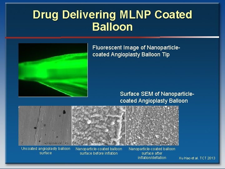 Drug Delivering MLNP Coated Balloon Fluorescent Image of Nanoparticlecoated Angioplasty Balloon Tip Surface SEM