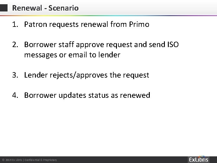 Renewal - Scenario 1. Patron requests renewal from Primo 2. Borrower staff approve request
