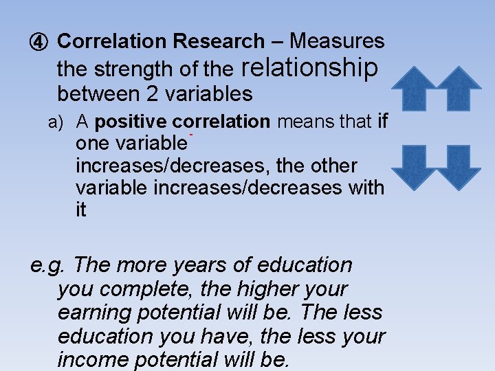 ④ Correlation Research – Measures the strength of the relationship between 2 variables a)