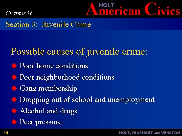 American Civics HOLT Chapter 16 Section 3: Juvenile Crime Possible causes of juvenile crime: